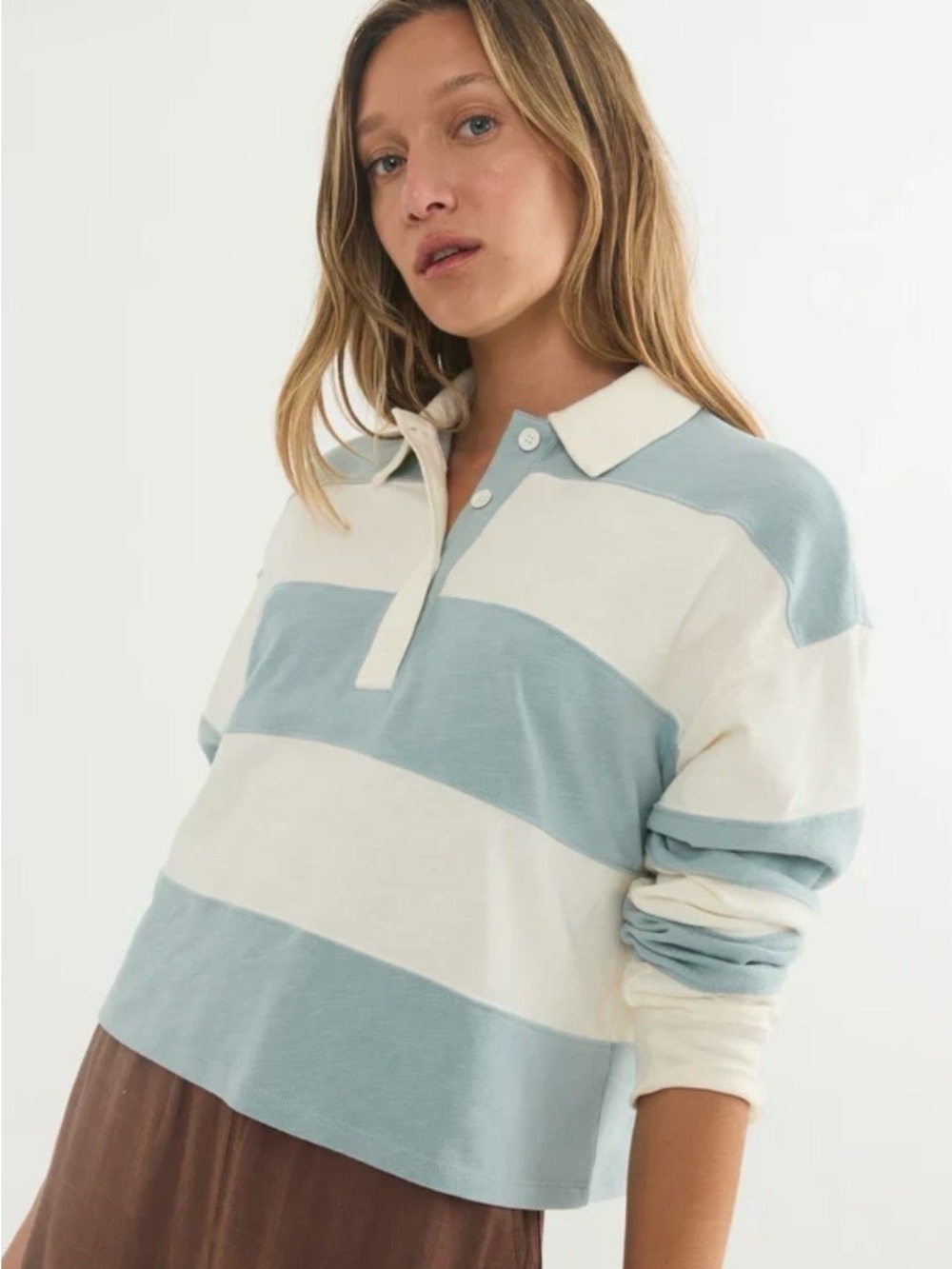 Marine Layer Light Blue and Cream Striped Long Sleeve Rugby Tee